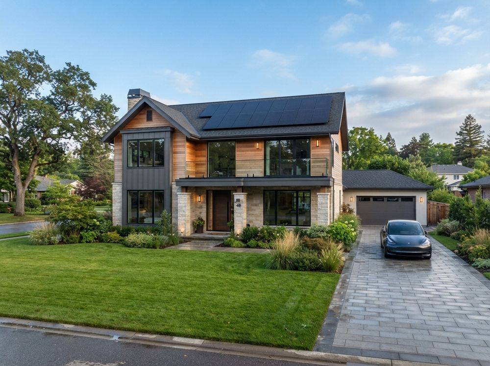 Modern house with solar panels on the roof