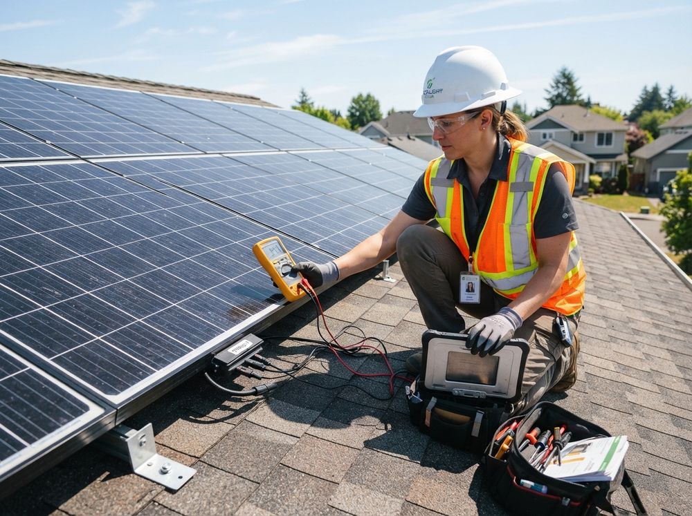 Ram Solar technician testing a solar panel on a roof